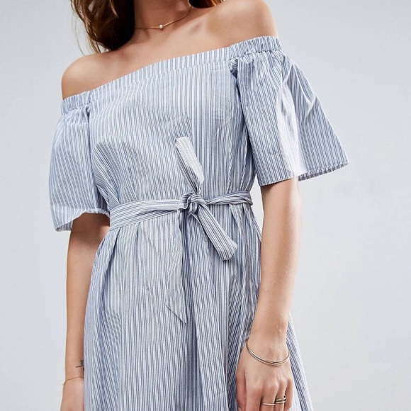 🛑SOLD ASOS Off the Shoulder Cotton MIDI Dress in Blue Stripe Size 6 - Picture 4 of 11